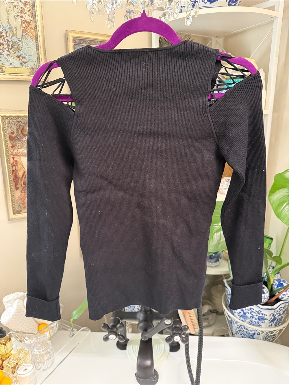 Cache Black Lace-Up V-Neck Cold Shoulder Sweater - Picture 2 of 3